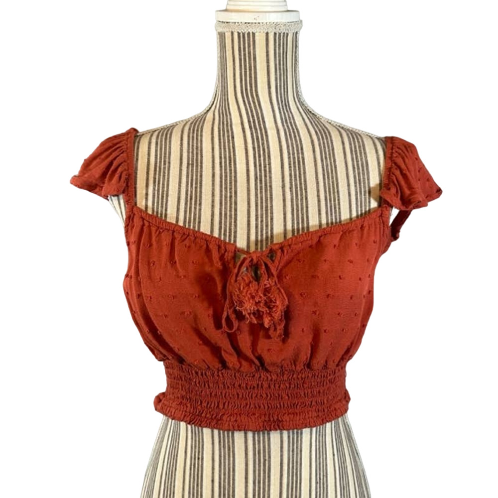 Live To Be Spoiled Rust Ruffled Tassel Tie Front Boho Crop Top Women Sz XL